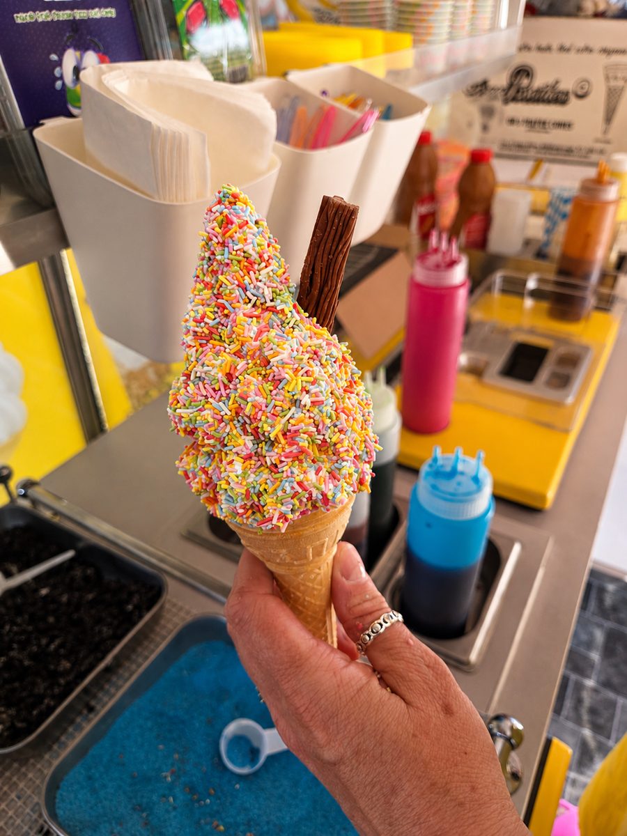99 flake soft whip ice cream cone with rainbow sprinkles, served from the Ice T's van