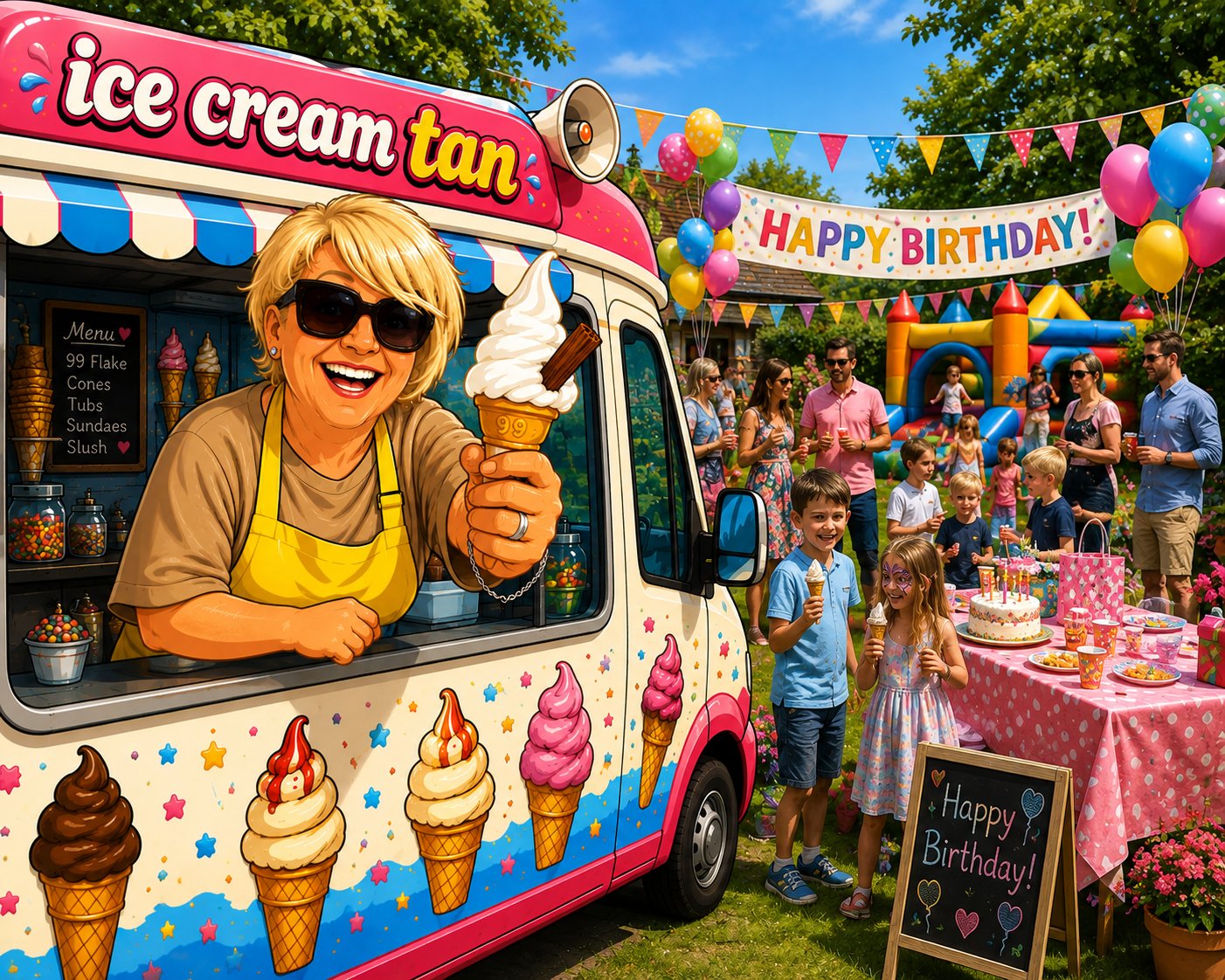 Illustration of an Ice T's Ice Creams van serving a 99 flake at a children's birthday party with balloons and bunting