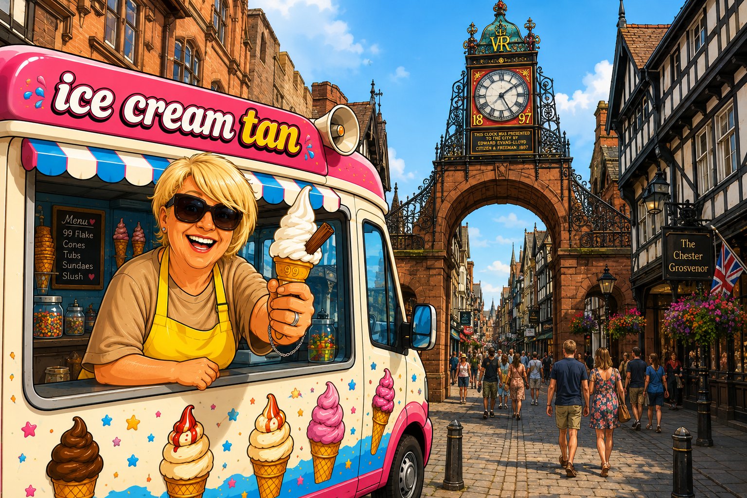 Illustration of an Ice T's Ice Creams van serving a 99 flake on a cobbled street near Chester's Eastgate Clock