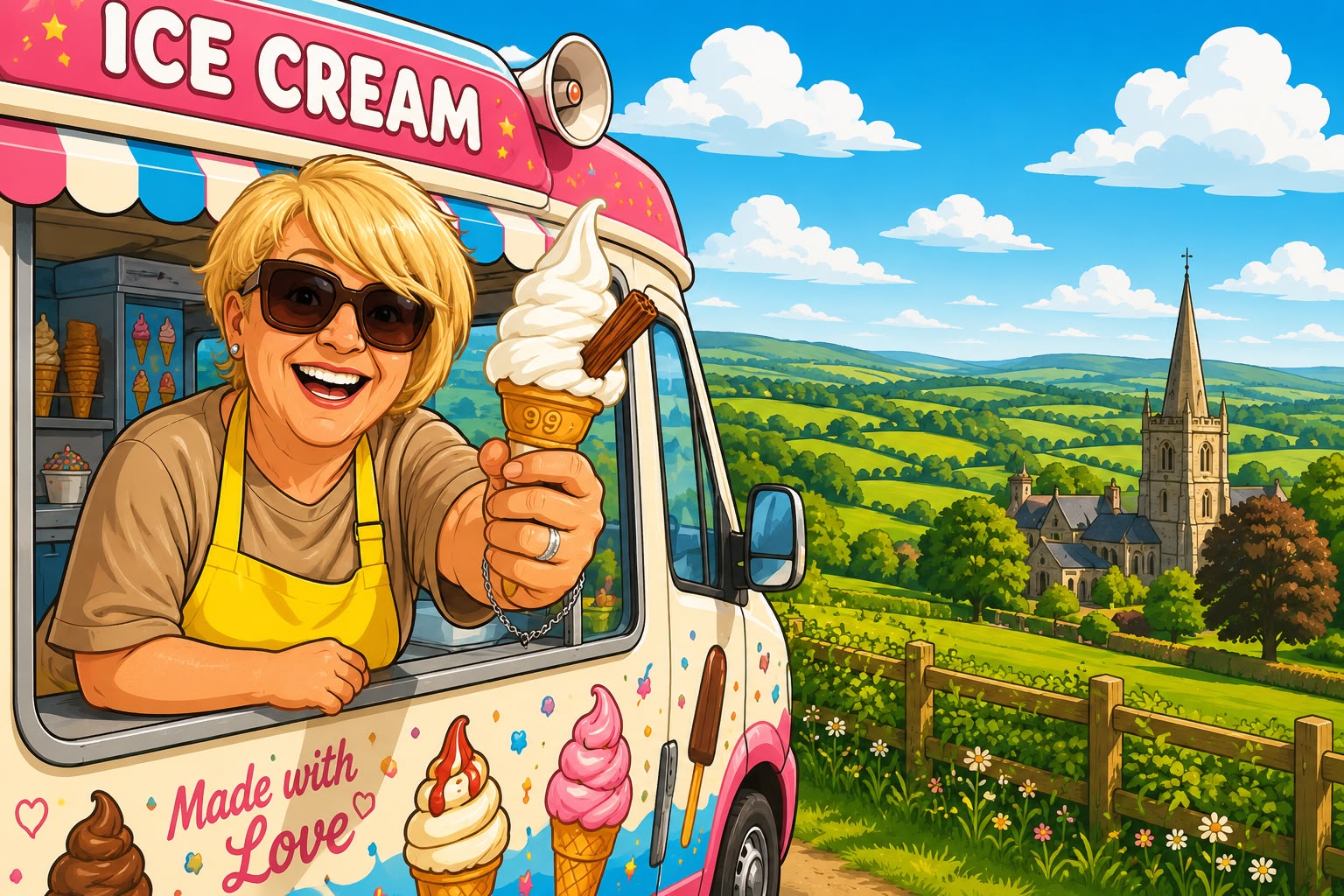 Illustration of an Ice T's Ice Creams van server handing out a 99 flake, with rolling Cheshire countryside behind