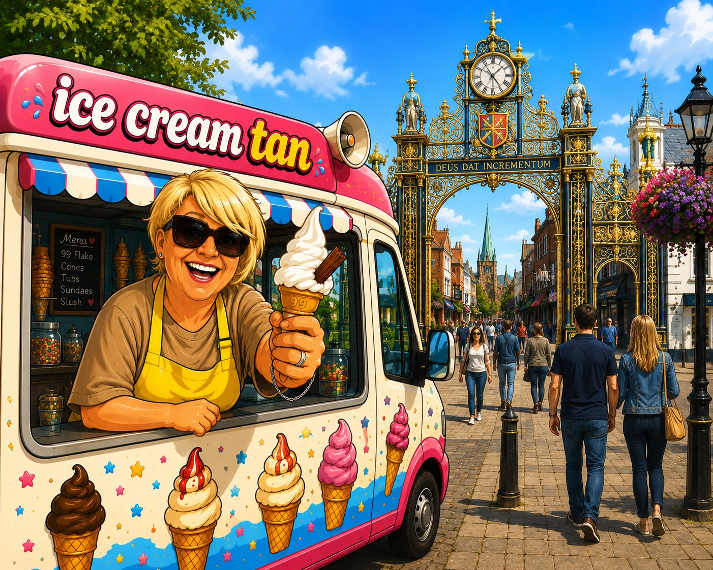 Illustration of an Ice T's Ice Creams van serving a 99 flake near Warrington's Golden Gates and town centre