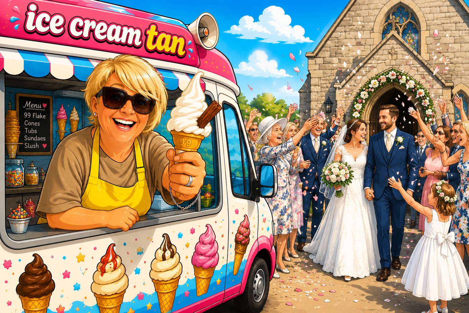 Illustration of an Ice T's Ice Creams van serving a 99 flake outside a church as a bride and groom leave their wedding